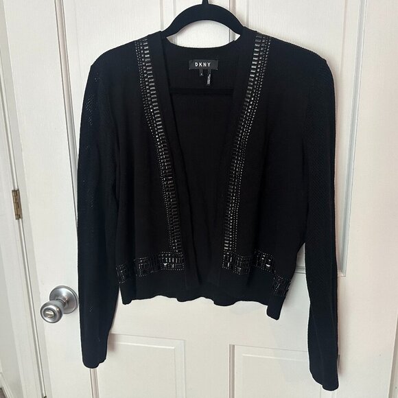 DKNY Women's Black Beaded Open Front Cardigan Mesh Sleeves Size M - Picture 1 of 9